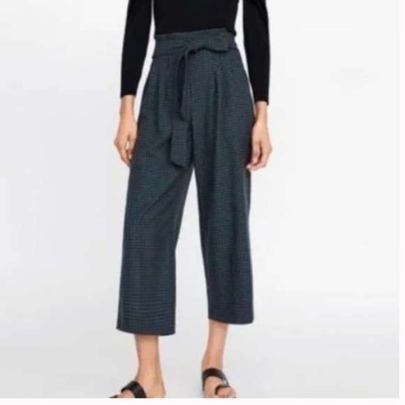 Zara Wide Leg Crop Front Tie Pleated Culotte Pants Plaid Size Large - Picture 2 of 8